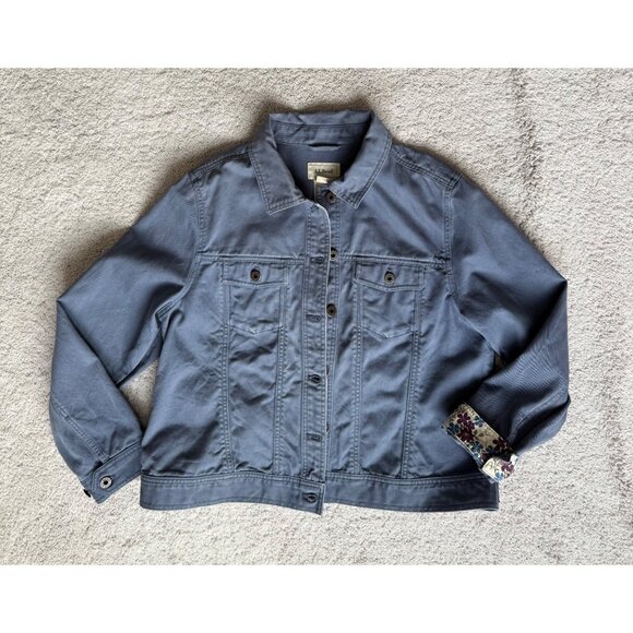 L.L.Bean Jacket Size Large Petite Denim Twill Jacket Cotton Blue Floral Trim - Picture 2 of 8